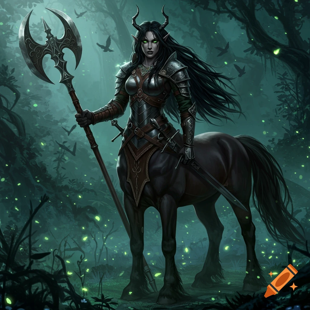 A female centaur with long black hair, green eyes, and black fur armor holds a halberd in a dark, misty forest with glowing green lights.