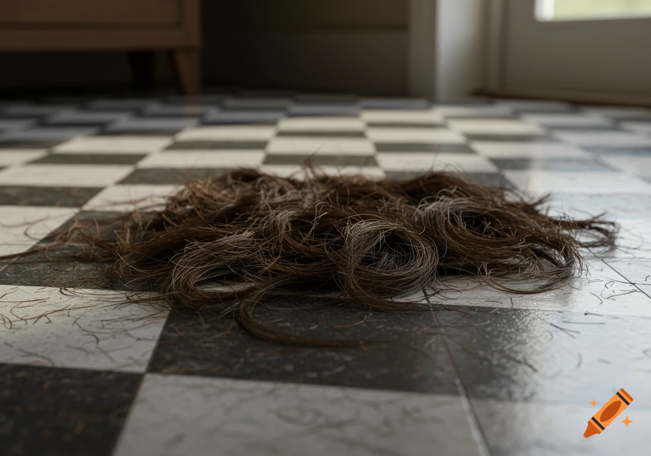 Pile of dark brown cut hair on a black and white checkered floor in a domestic setting.