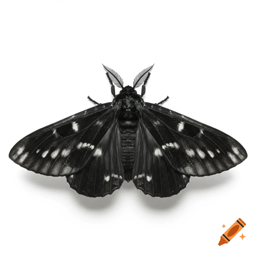 A detailed overhead shot of a black witch moth with dark, spotted wings against a pure white background.