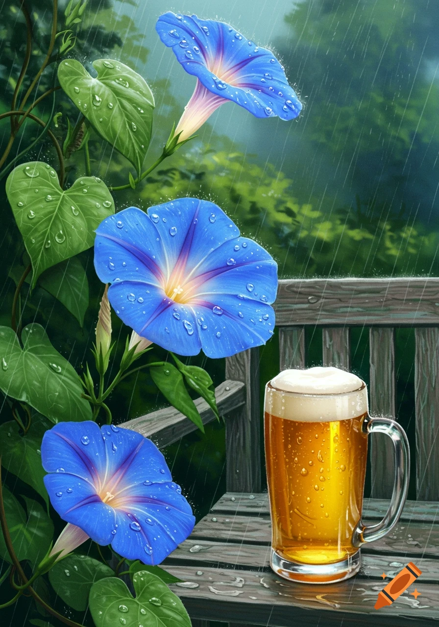 Vibrant blue morning glory flowers with raindrops, next to a foamy pint of beer on a wet wooden railing amidst green foliage.