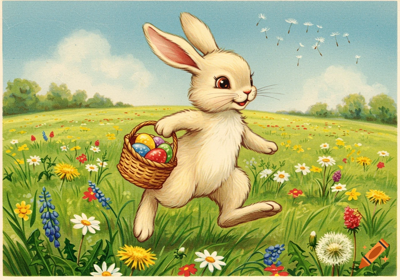 A cute Easter bunny hops through a blooming meadow carrying a basket of colorful eggs, illustrated in a 1950s vintage style.