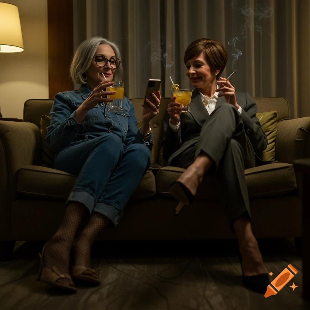 Two middle-aged women are sitting on a sofa in a dimly lit hotel room. One woman in denim holds a phone and a cocktail, while the other in a suit smokes a cigarette and drinks a cocktail. They are smiling.