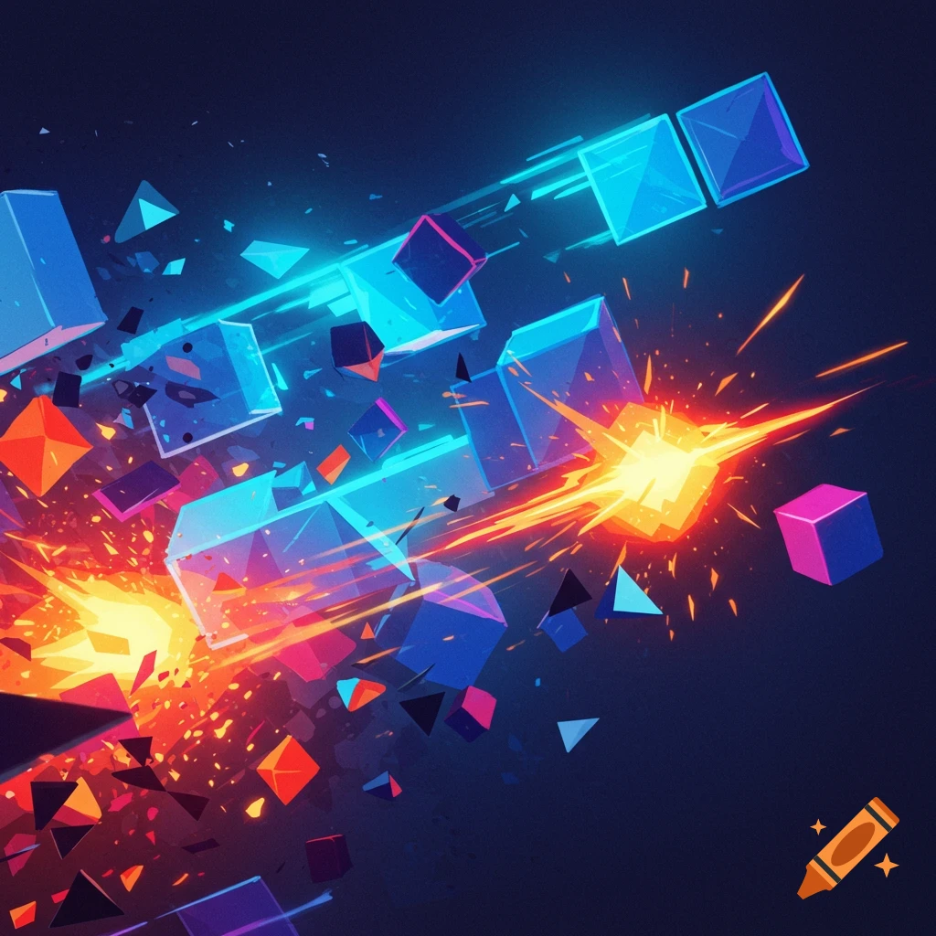 Abstract digital art of glowing blue, pink, and orange geometric shapes exploding with light trails against a dark background.