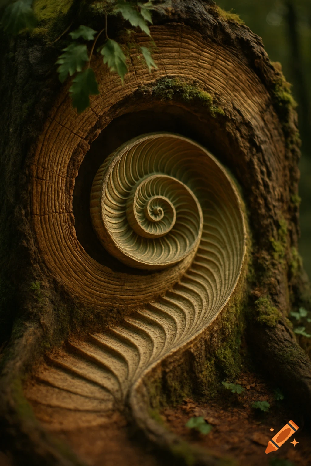 A close-up of a tree trunk with a detailed spiral carving resembling a nautilus shell, surrounded by moss and green leaves.