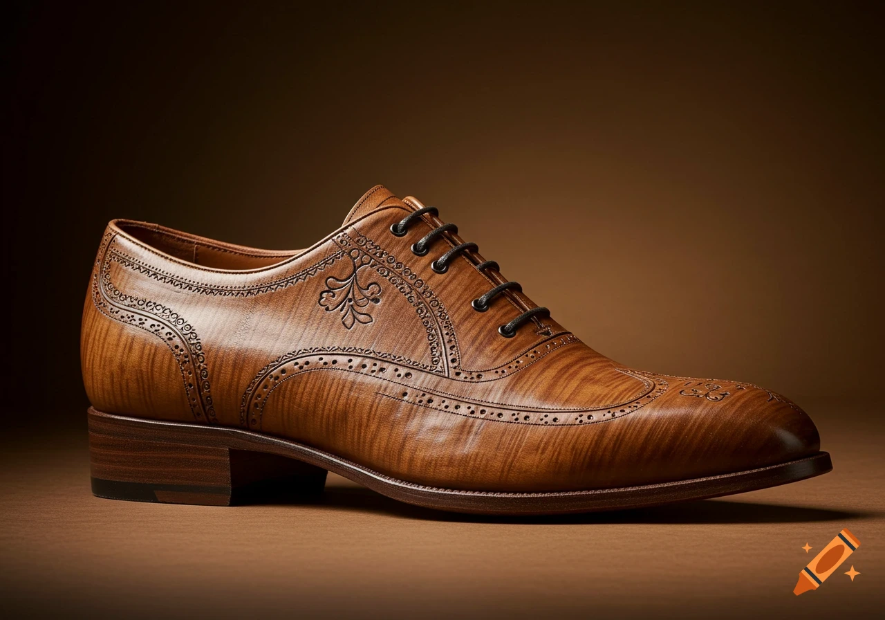 A single brown leather oxford shoe with intricate brogue detailing and a wood-grain texture, against a dark brown background.