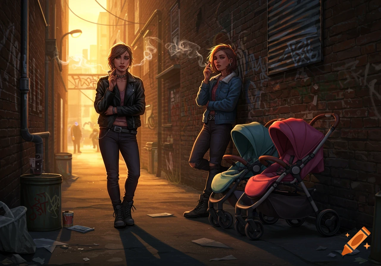 Two women smoke in a sunny, graffiti-covered urban alley with two baby pushchairs in an illustrative style.