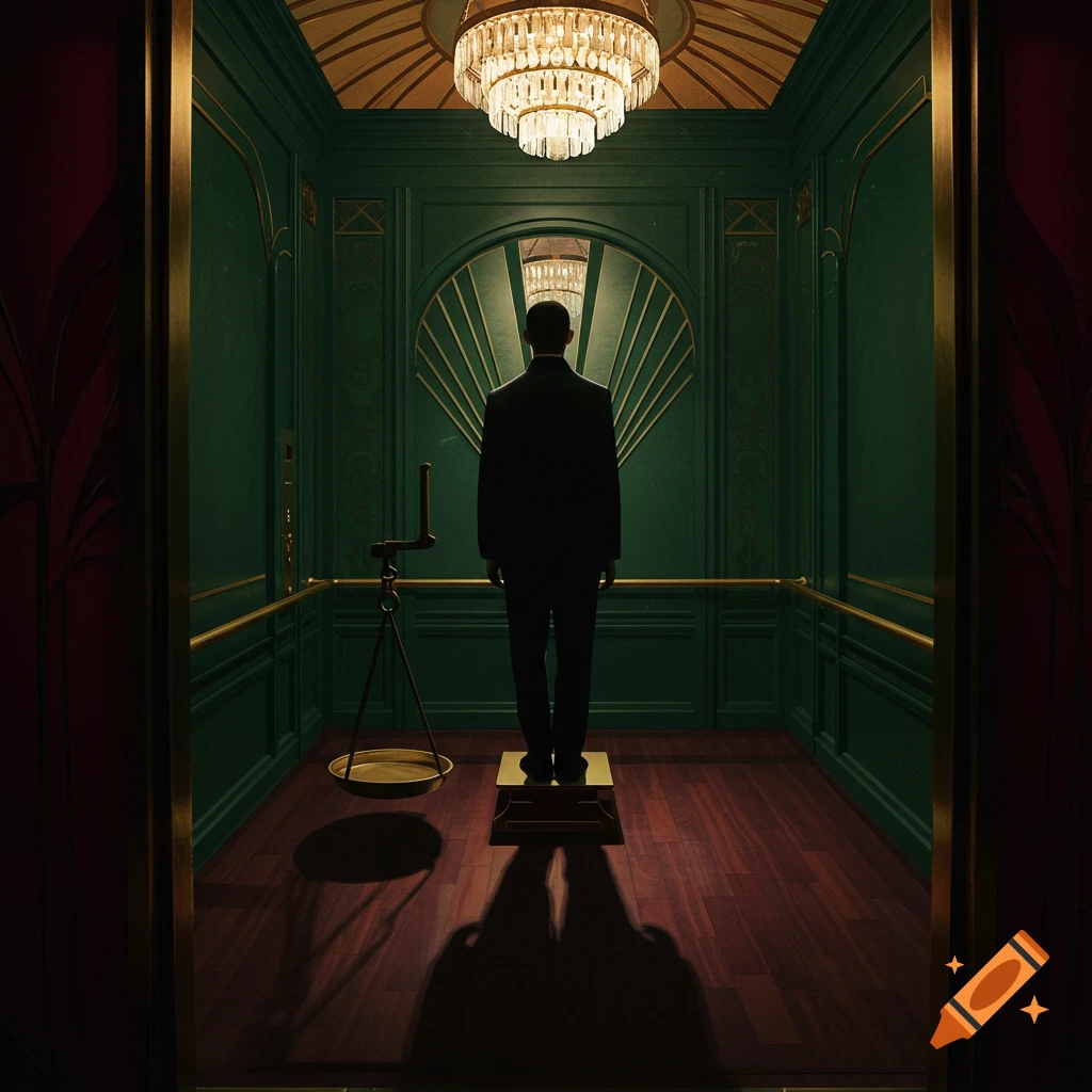 A person stands on a scale in a dark green Art Deco elevator with a chandelier and another scale.