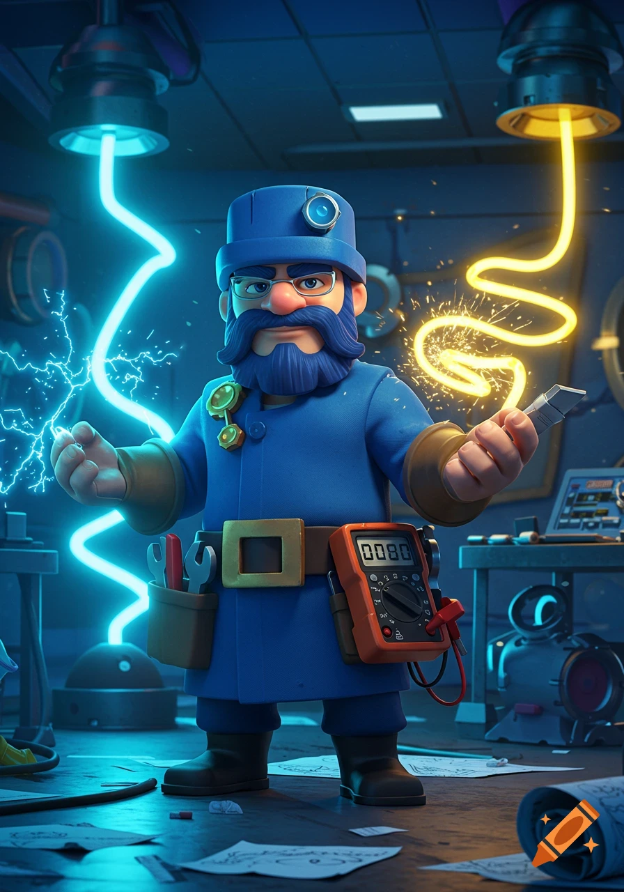A cartoon-style electrician with a blue hat and beard holds a multimeter displaying "0080", surrounded by blue and yellow electrical arcs in a workshop.