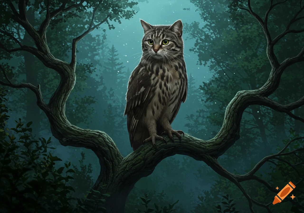 A realistic cat-headed owl with green eyes perches on a gnarled tree branch in a dark, mystical forest.