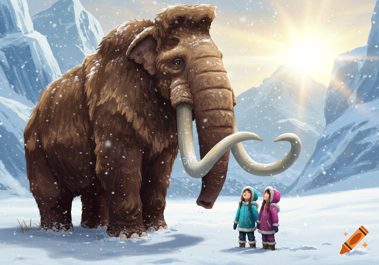 An illustration of a large woolly mammoth in a snowy mountain landscape, with two small children in winter coats looking up at it.