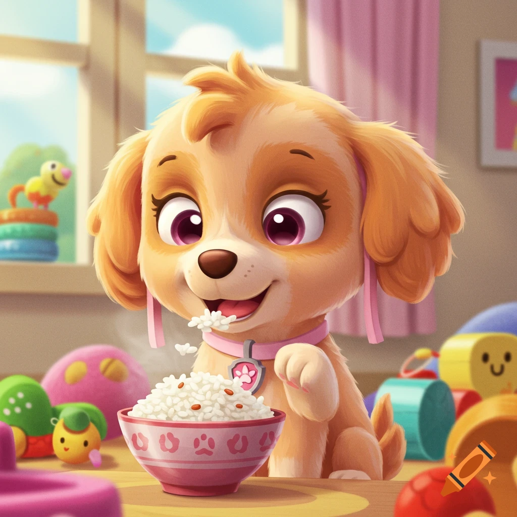 Cartoon puppy Skye from Paw Patrol happily eating rice from a pink bowl in a playful room.