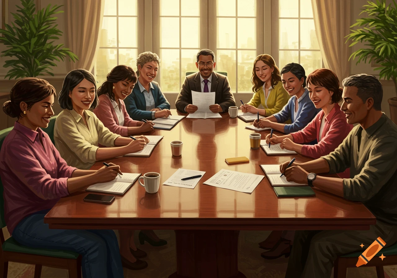 A diverse group of smiling people sits around a large wooden table, writing notes during a business meeting in a sunlit room.
