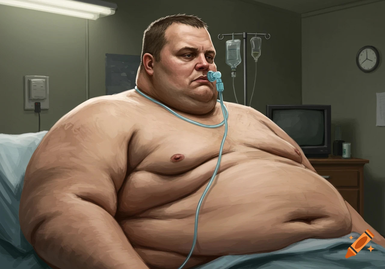 An illustration of a very obese shirtless man in a hospital bed with oxygen tubes.