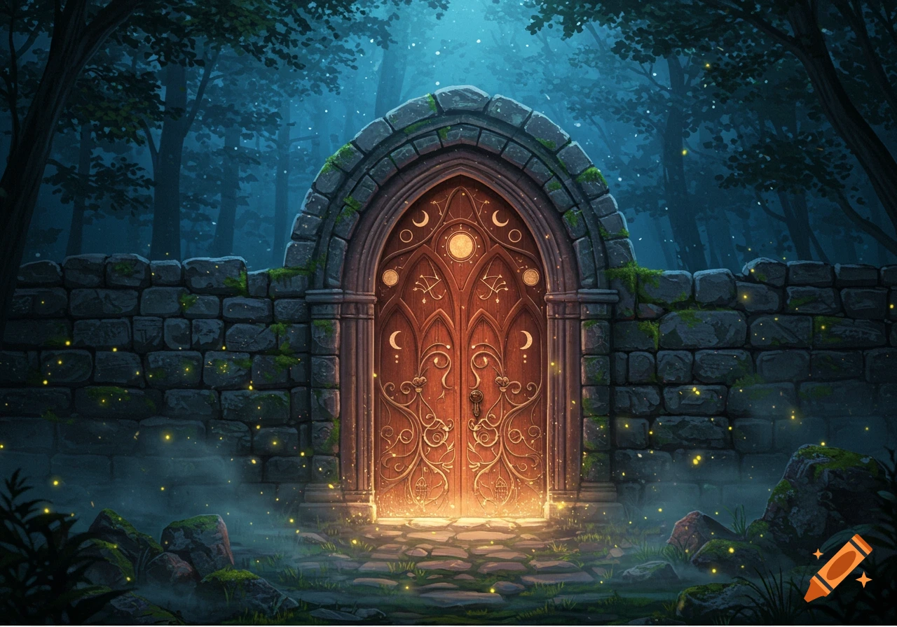 Ornate, glowing wooden door with celestial symbols in a moss-covered stone archway, surrounded by a misty, dark forest at night.