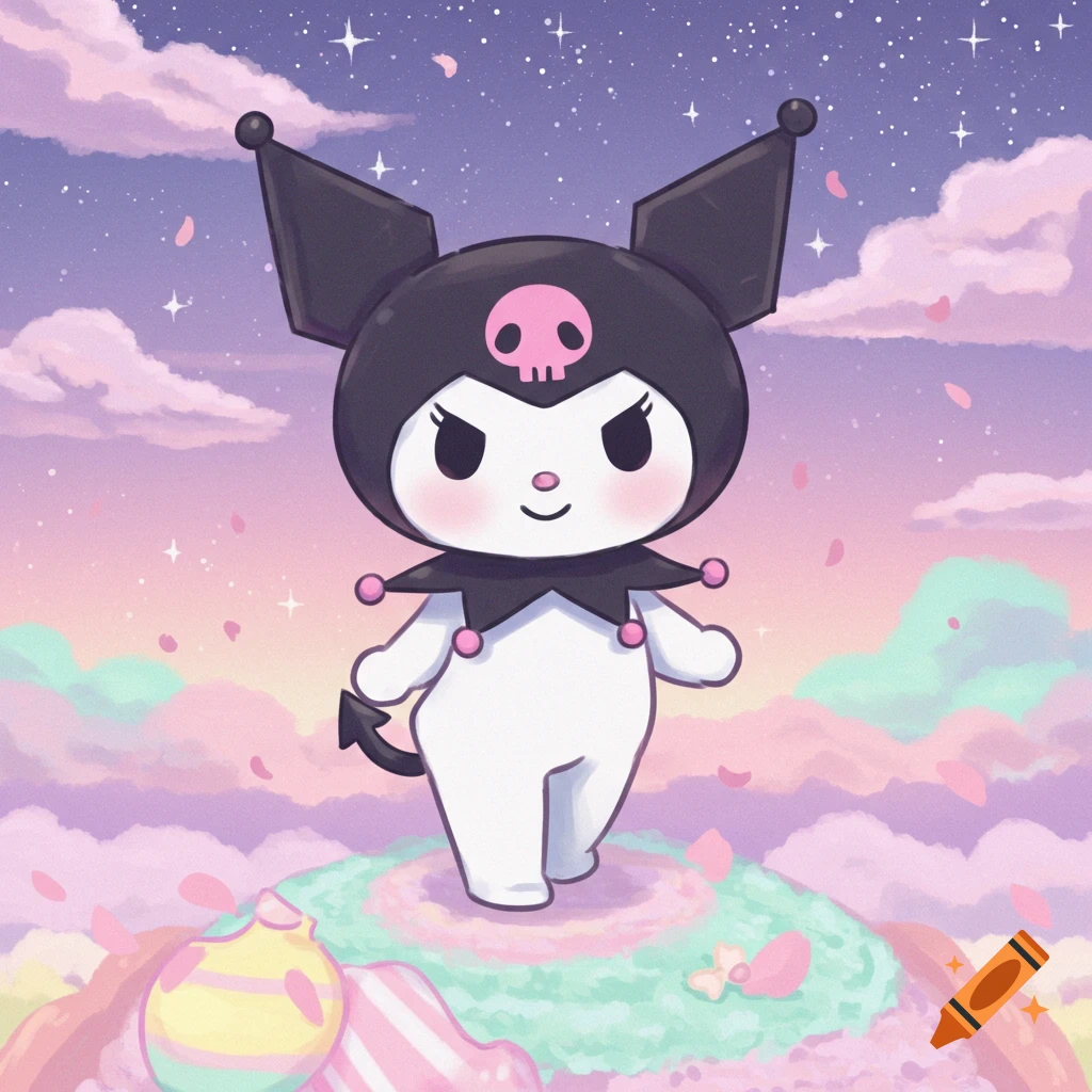 Kuromi from Sanrio walks on a pastel cloudscape with a starry sky and falling pink petals in a cute cartoon style.