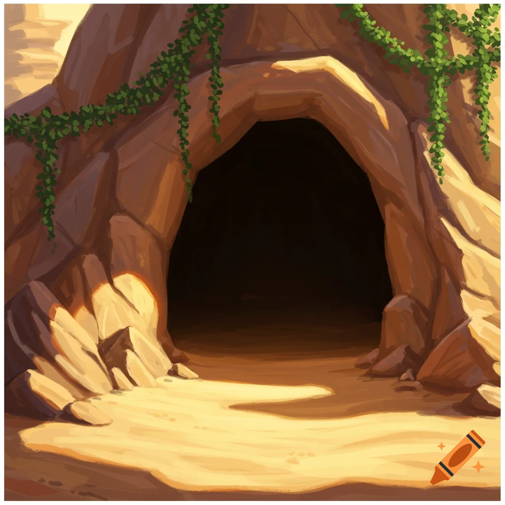 A mysterious desert cave entrance with green vines and warm light, in a children's story illustration style.