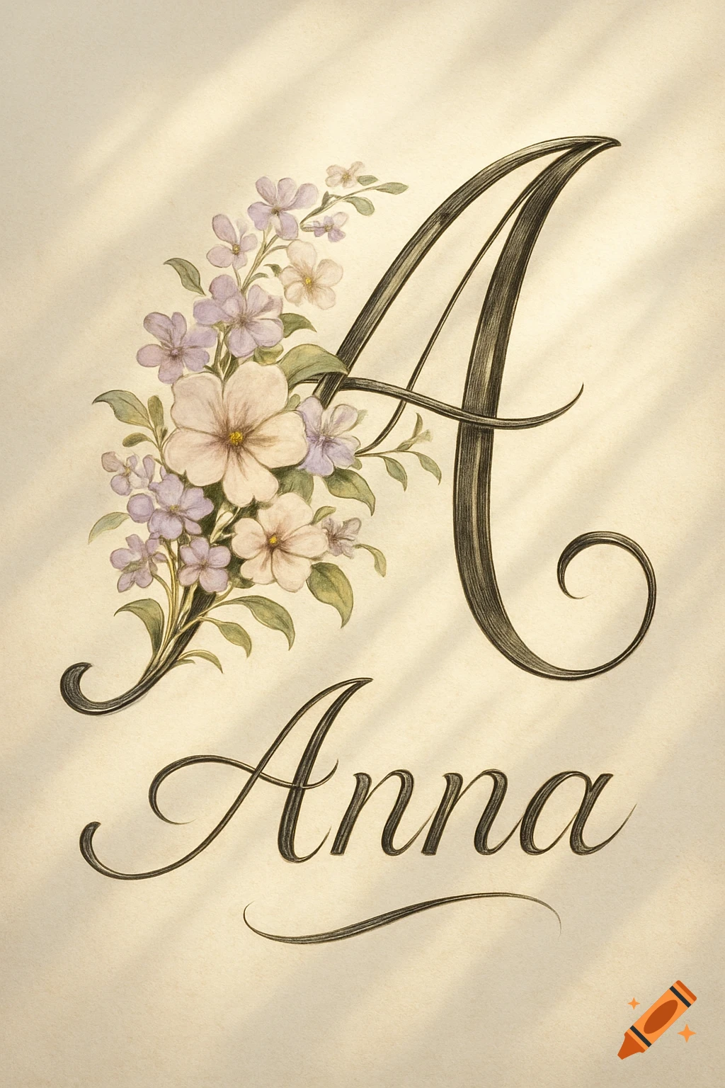 A decorative calligraphic capital letter A with light purple and cream flowers, and the name Anna below it on aged paper.