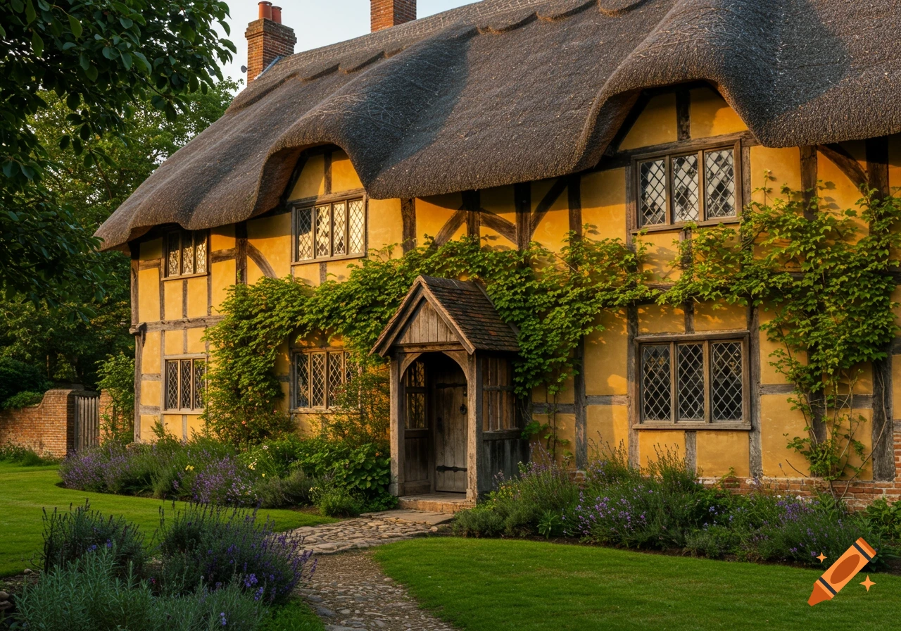 A photorealistic view of a timber-framed house with a thatched roof, surrounded by a lush green lawn and lavender flowers, under warm light.