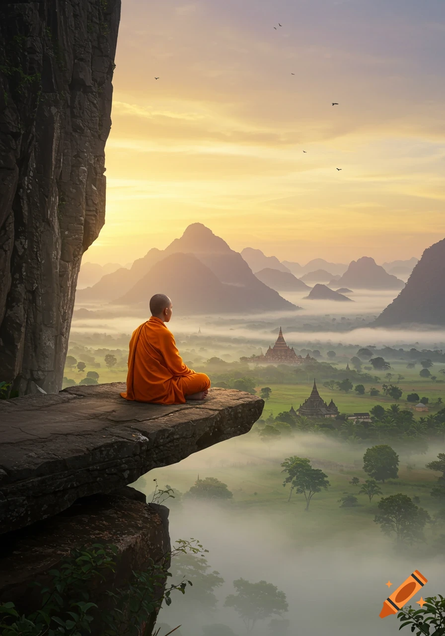 A monk meditates on a cliff overlooking a misty valley with ancient pagodas and mountains at sunrise, birds in the sky.