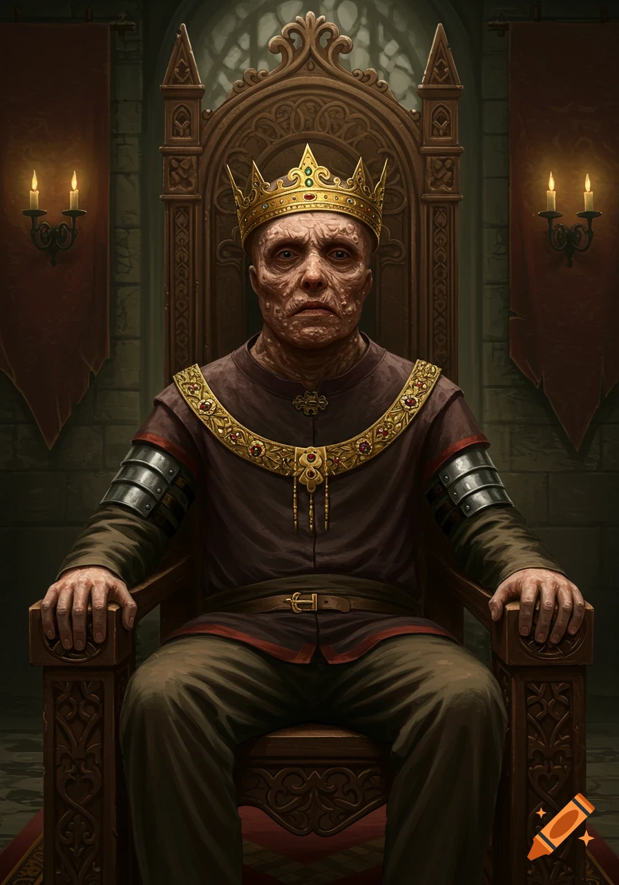 A man with a crown and diseased skin sits on a grand wooden throne in a dark, stone castle room.