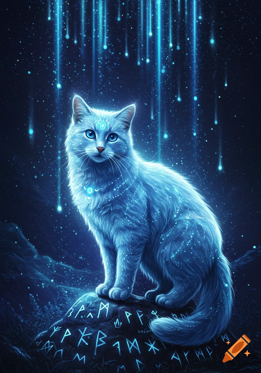 A glowing blue mystical cat with bright blue eyes sits on a rune-covered rock under falling blue light trails in a dark fantasy setting.