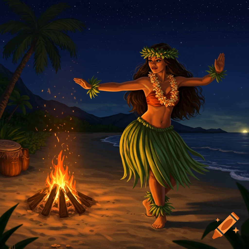 A Polynesian woman dances by a beach campfire at night, wearing a leaf skirt and floral leis, with the ocean and mountains visible.