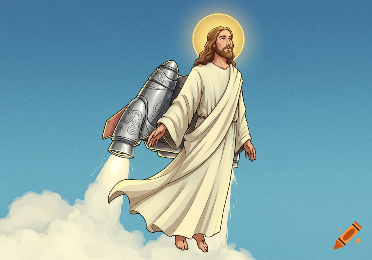 Cartoon Jesus in white robes and a halo flying through a blue sky with a silver jetpack, leaving a trail of smoke.