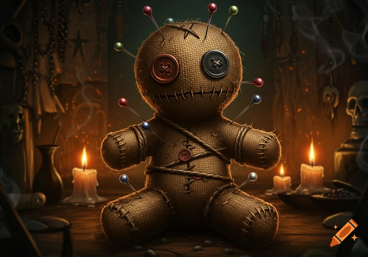 A burlap voodoo doll with button eyes and pins sits on a wooden table, surrounded by lit candles and occult items in a dark room.