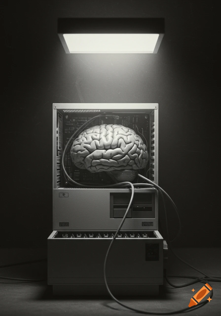 A blurry, grayscale photo of a human brain inside an old computer case, connected by wires, under a stark overhead light.