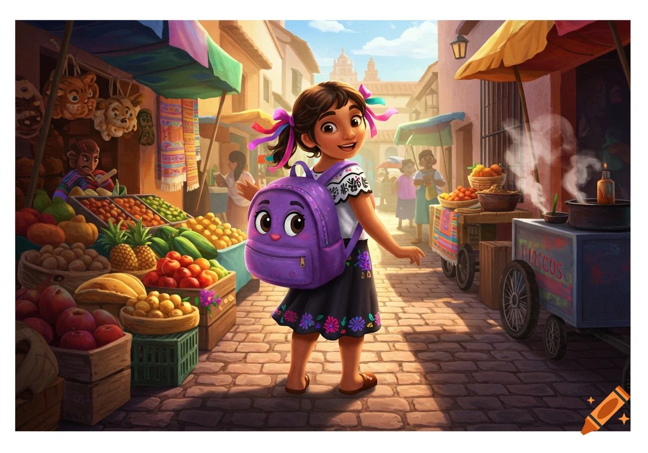 A smiling cartoon Mexican girl with a purple face-backpack in a sunny, bustling marketplace.