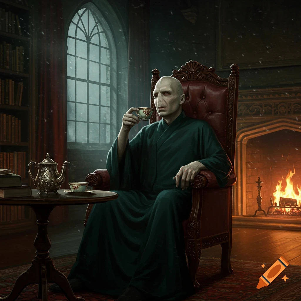 Voldemort in a dark green robe sips tea in a grand armchair by a gothic window and roaring fireplace.