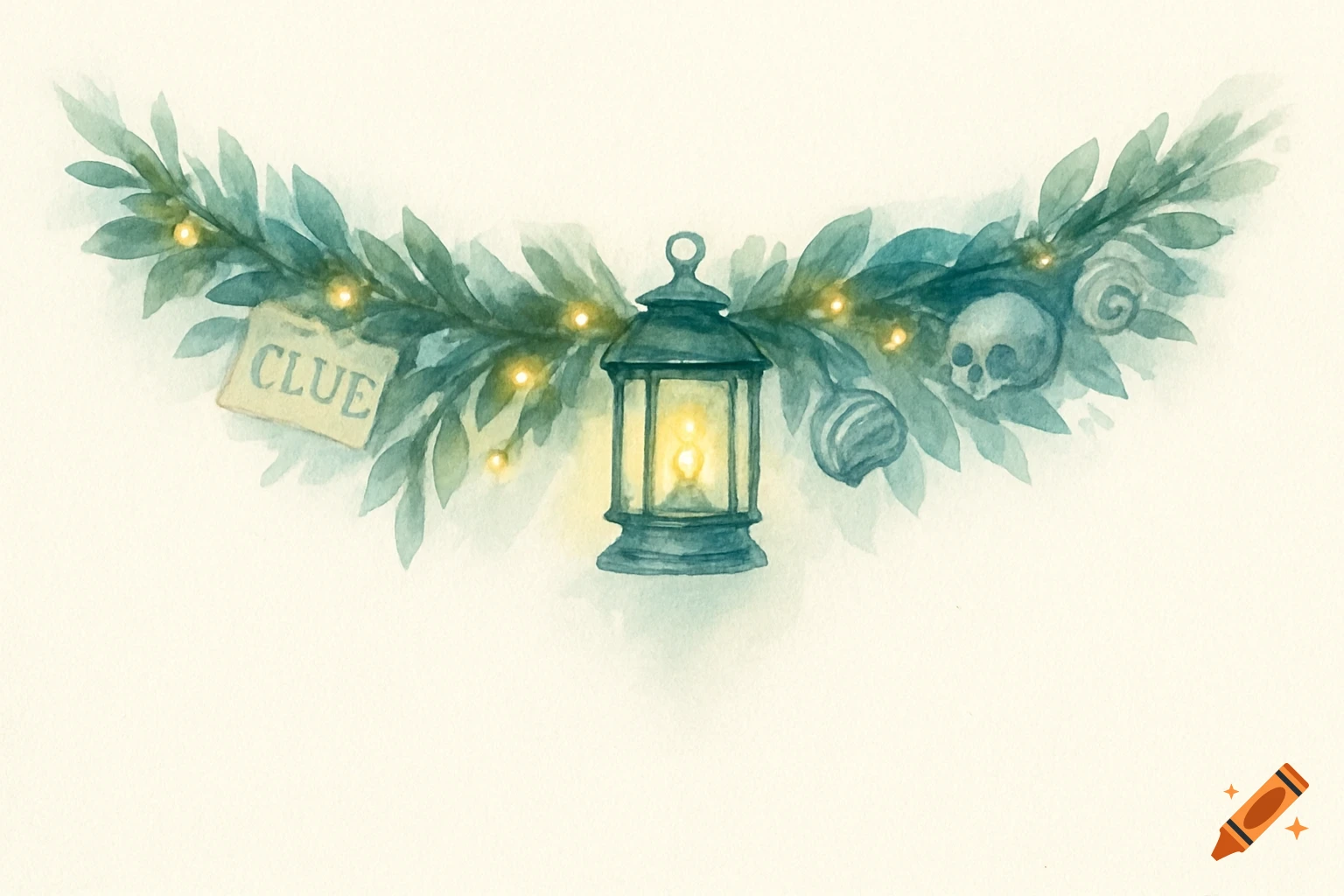 Watercolor garland with a lit lantern, 'CLUE' tag, and a skull.