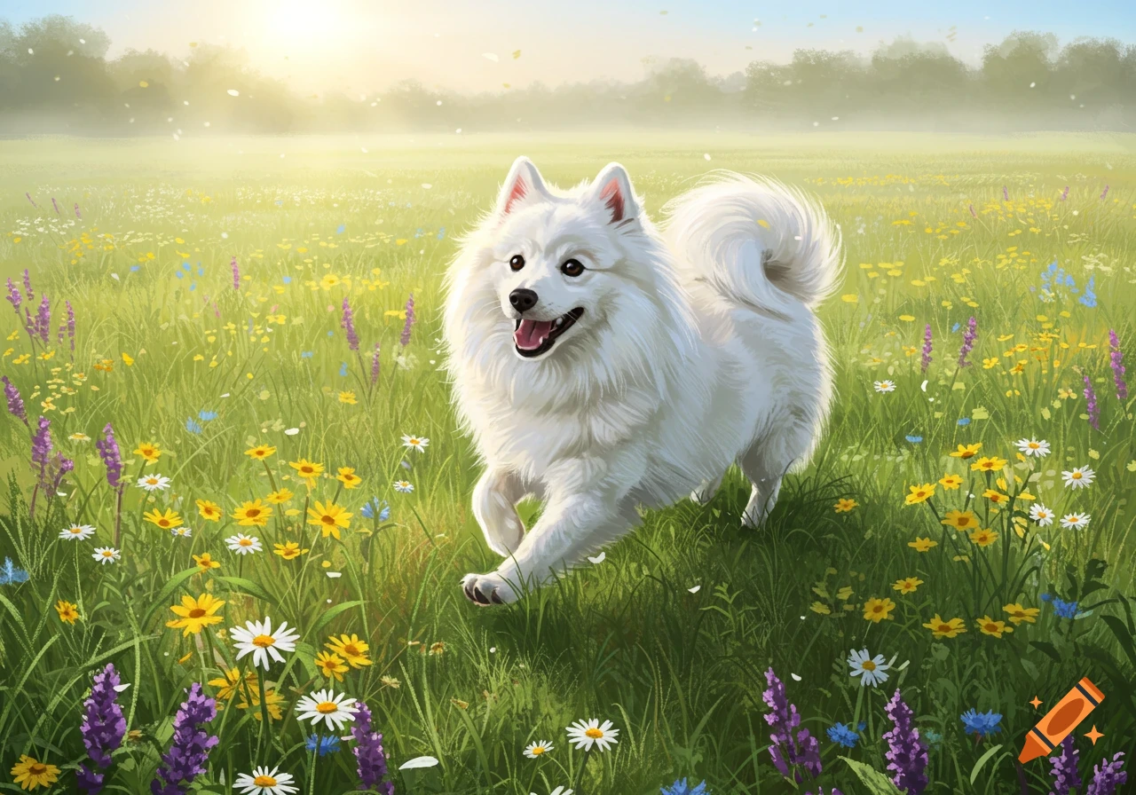 A happy white Spitz dog runs through a sun-drenched meadow filled with colorful wildflowers, depicted in a digital painting.