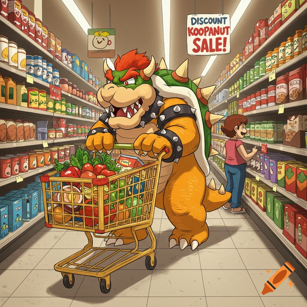 Cartoon of Bowser, a large turtle-like creature, pushing a grocery cart full of fresh produce and other items down an aisle in a supermarket. A person resembling Mario shops in the background.