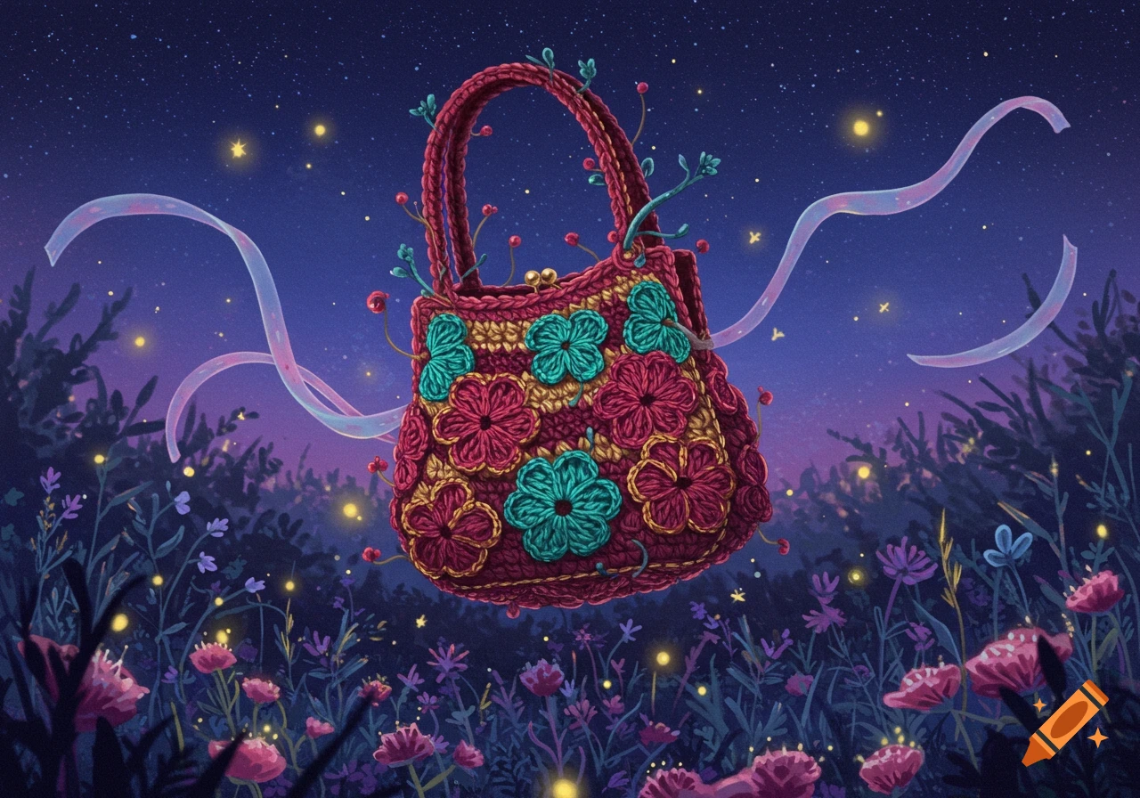 A colorful crocheted handbag adorned with flowers floats in a whimsical night garden with glowing fireflies and stars, in an illustrative style.
