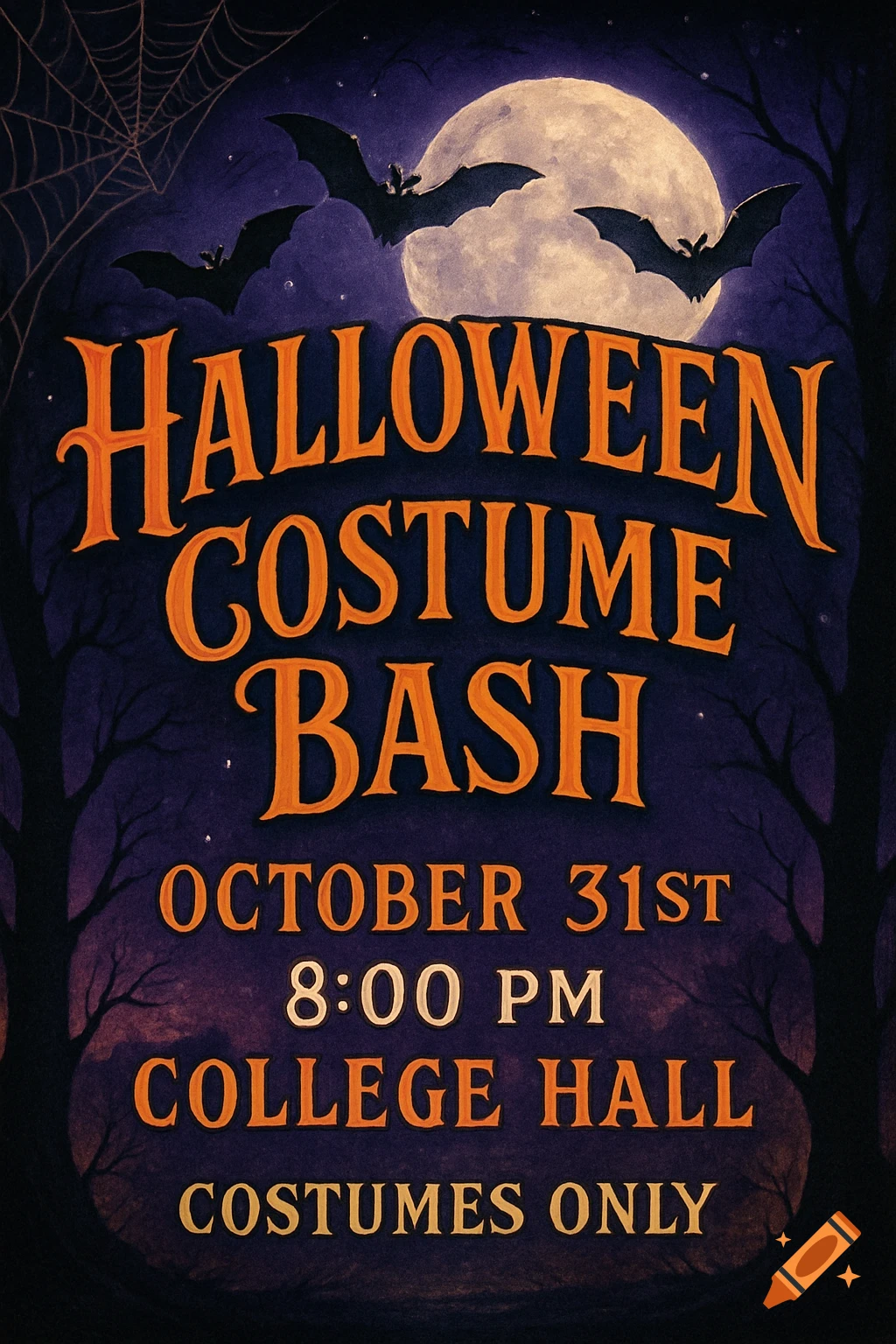 A Halloween party invitation featuring bats, a full moon, bare trees, and orange text for a costume bash on October 31st.
