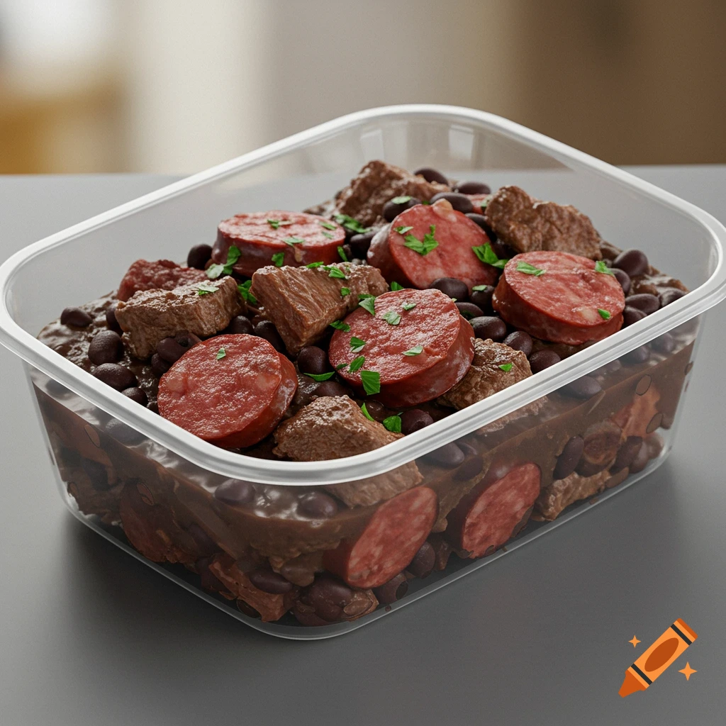 Appetizing photorealistic feijoada with black beans, beef, and sausage in a clear plastic container.