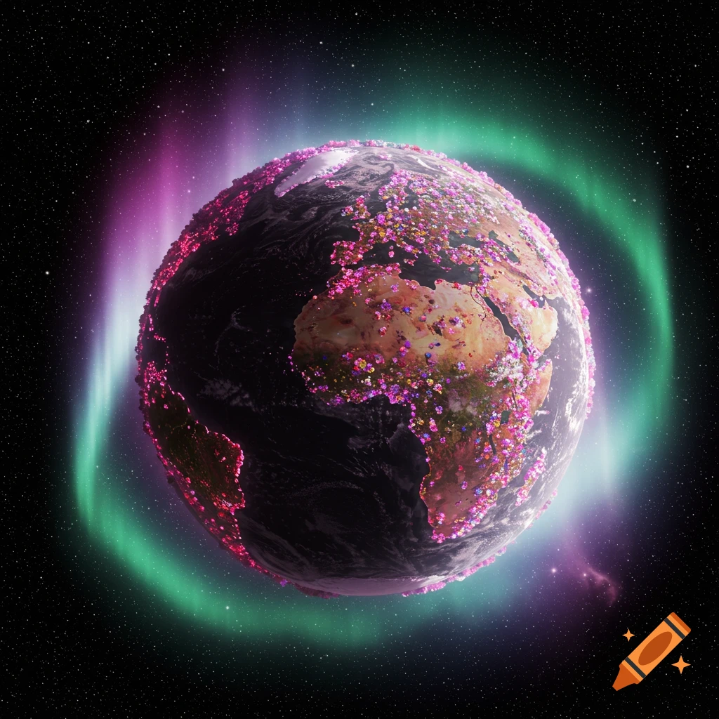A stylized planet Earth covered in colorful flowers, surrounded by a pink and green aurora in a starry outer space.