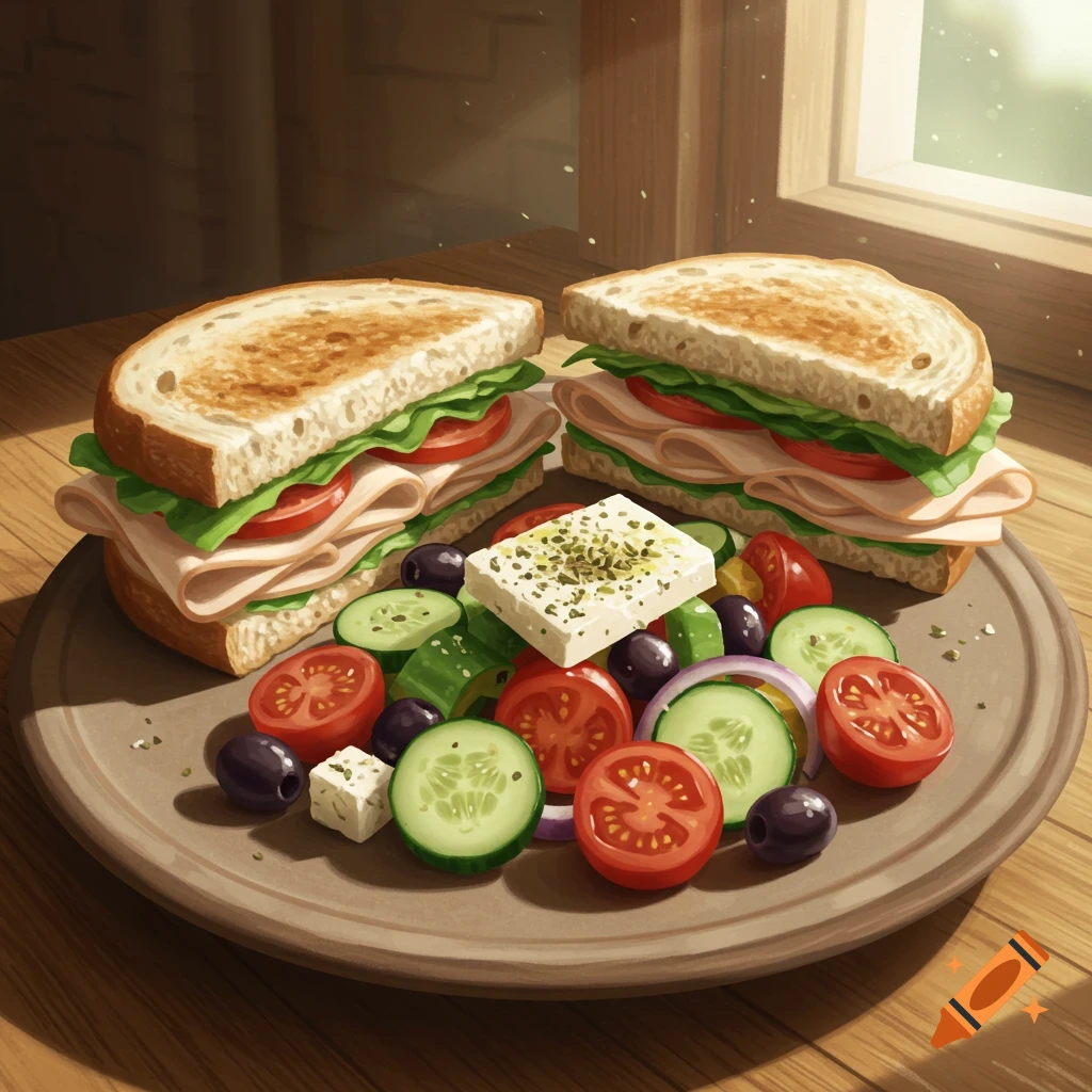 Two deli sandwiches with a Greek salad on a wooden plate, set on a table by a sunlit window.