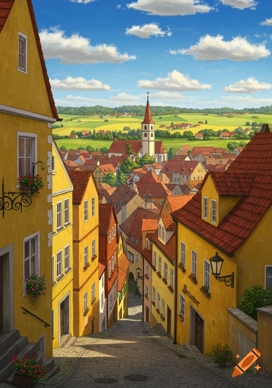 Colorful illustration of a steep cobbled street winding through a European town with yellow buildings and red roofs, leading to a church steeple and green fields under a blue sky.