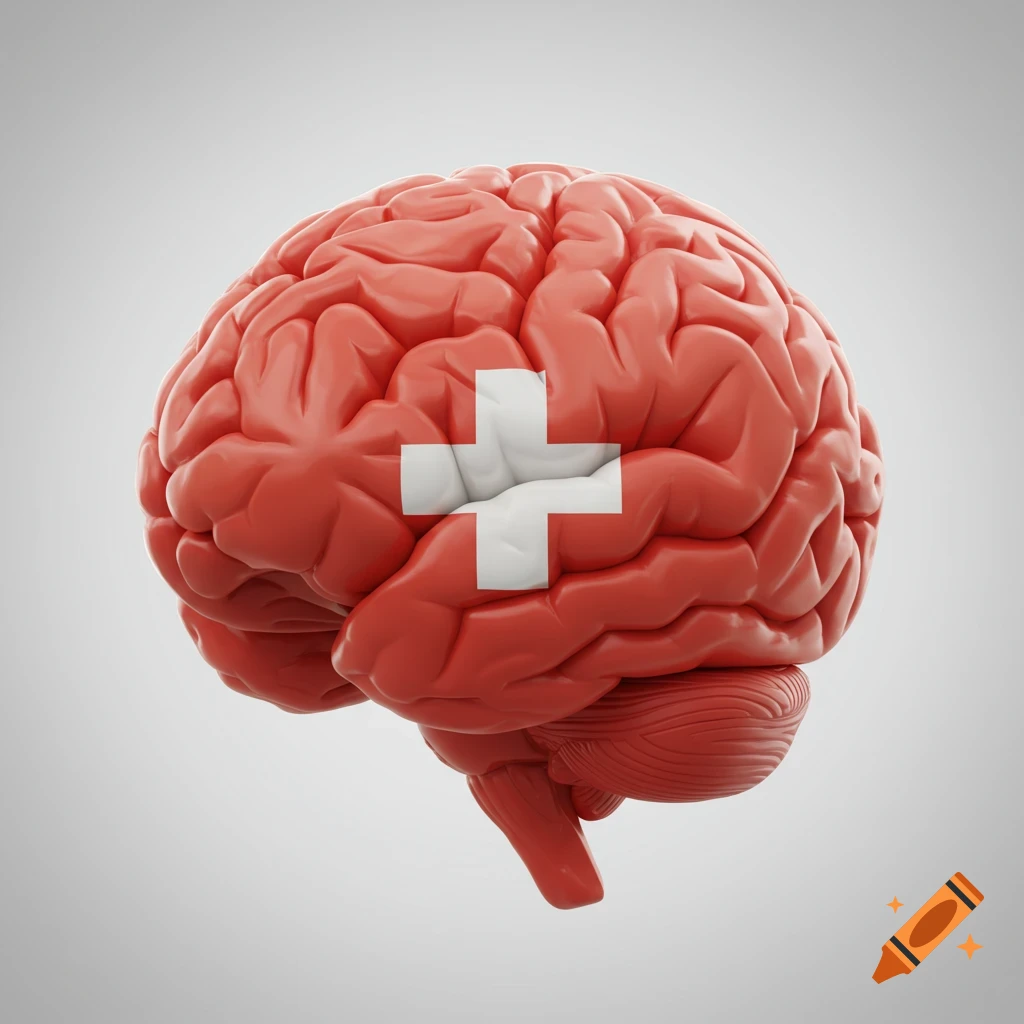 A stylized red human brain with a white Swiss cross on its surface, against a minimalist light grey background.