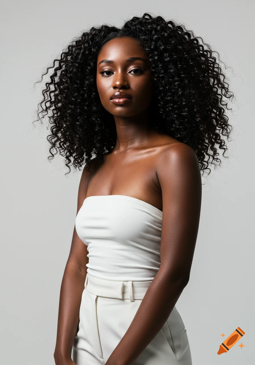 A confident young woman with dark curly hair wearing a white strapless top and white pants against a plain background.