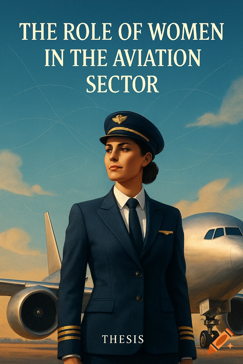 Female pilot in uniform stands proudly on an airport tarmac with a passenger jet. Text: 'THE ROLE OF WOMEN IN THE AVIATION SECTOR'.