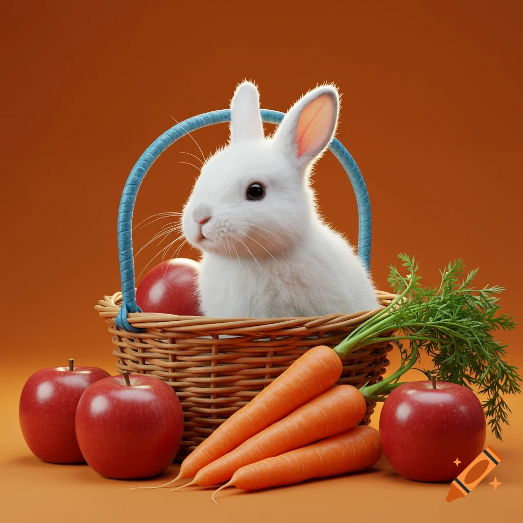 A white rabbit sits in a wicker basket with a blue handle, surrounded by red apples and carrots on an orange background, in a photorealistic style.
