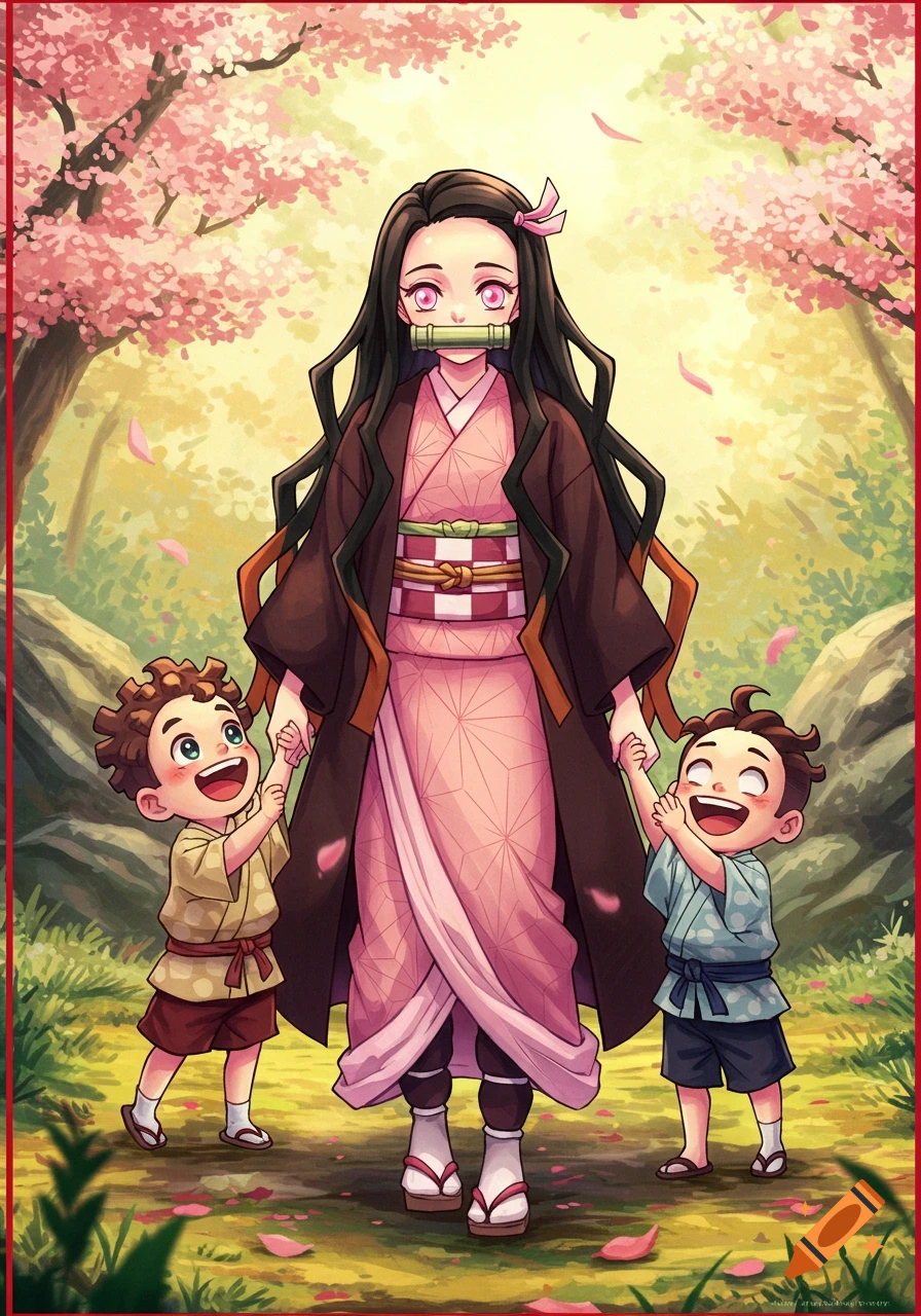An anime woman with a bamboo muzzle holding hands with two smiling young children in a cherry blossom forest.