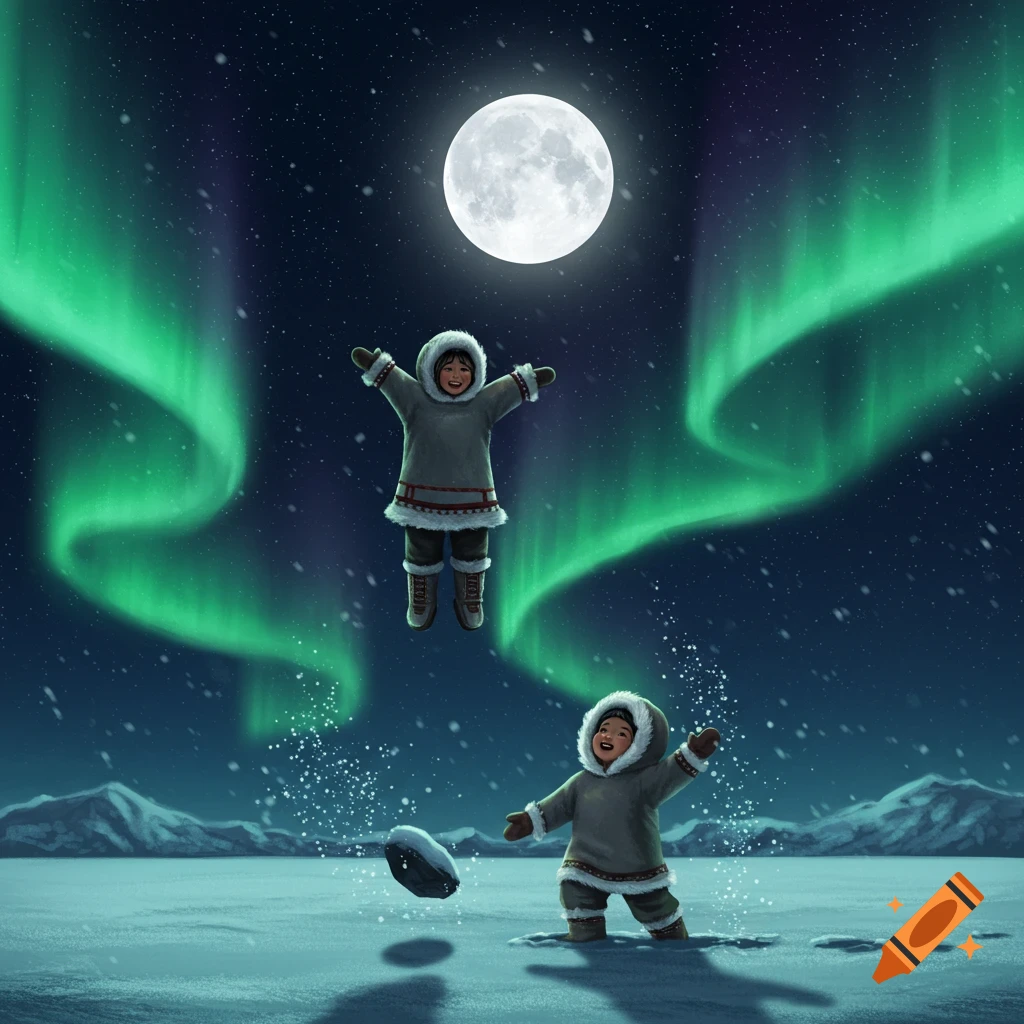 An illustrated arctic night scene with two Inuit children under a green aurora. One child floats towards a full moon, another throws a rock.