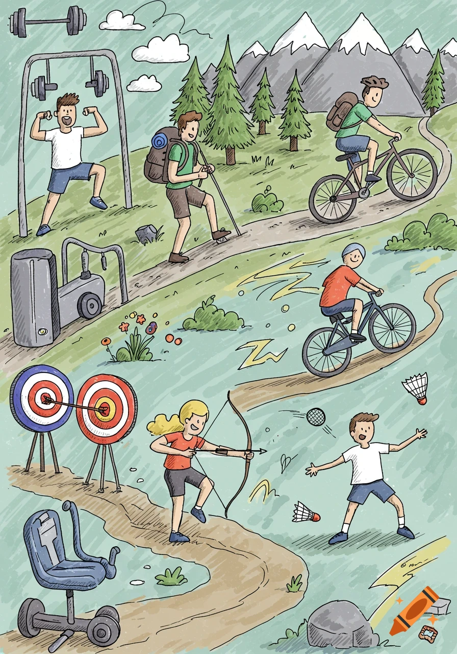 Doodle art illustration of people enjoying outdoor sports: fitness training, hiking, mountain biking, archery, and badminton in a scenic landscape.