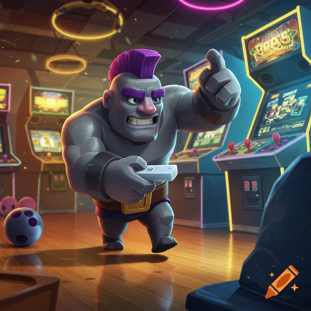 The Clash Royale character Bowler, with a purple mohawk, enthusiastically plays Wii bowling in a neon-lit arcade.