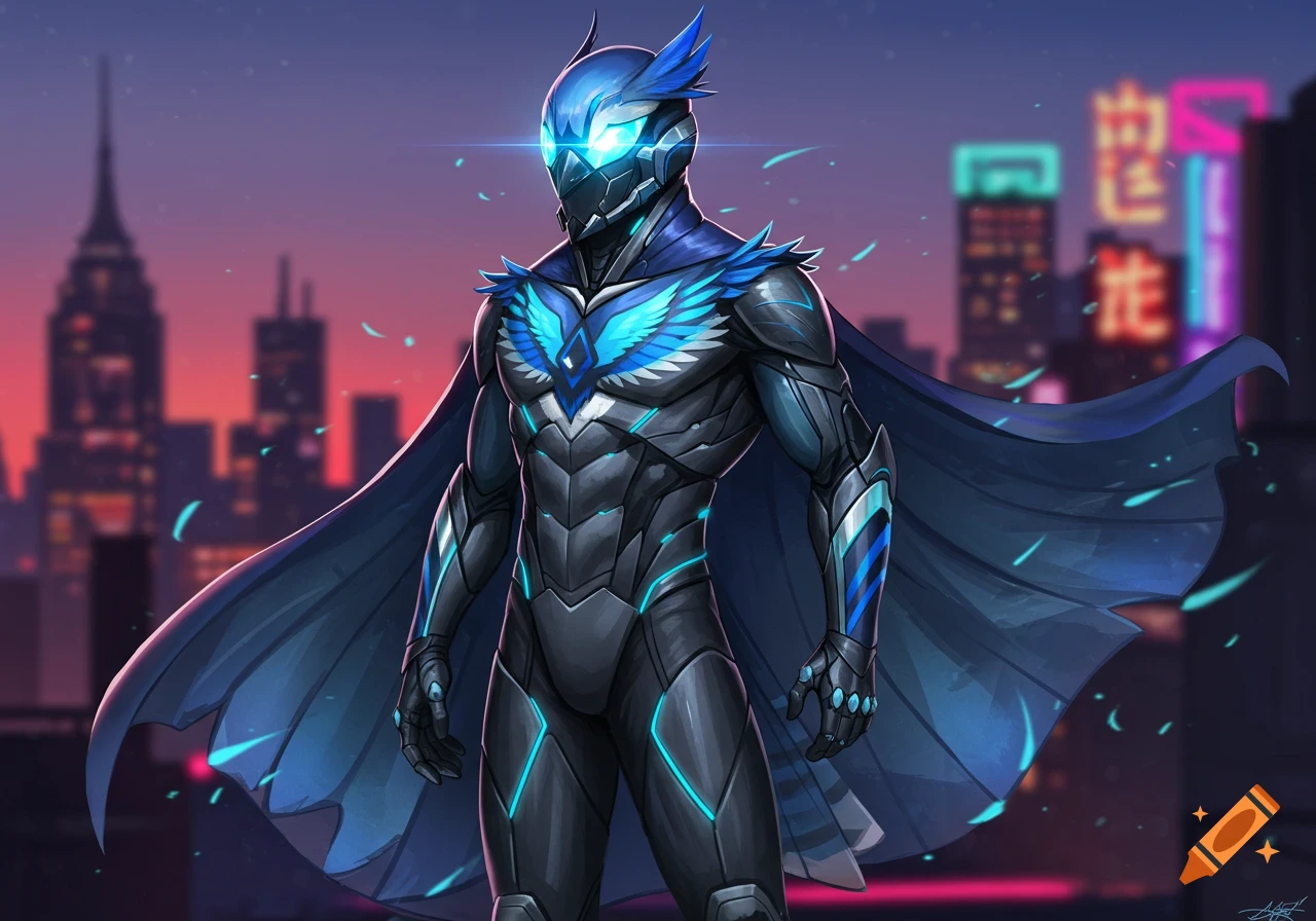 A superhero in black and blue armor with a blue jay helmet and cape stands before a cyberpunk city skyline at dusk.