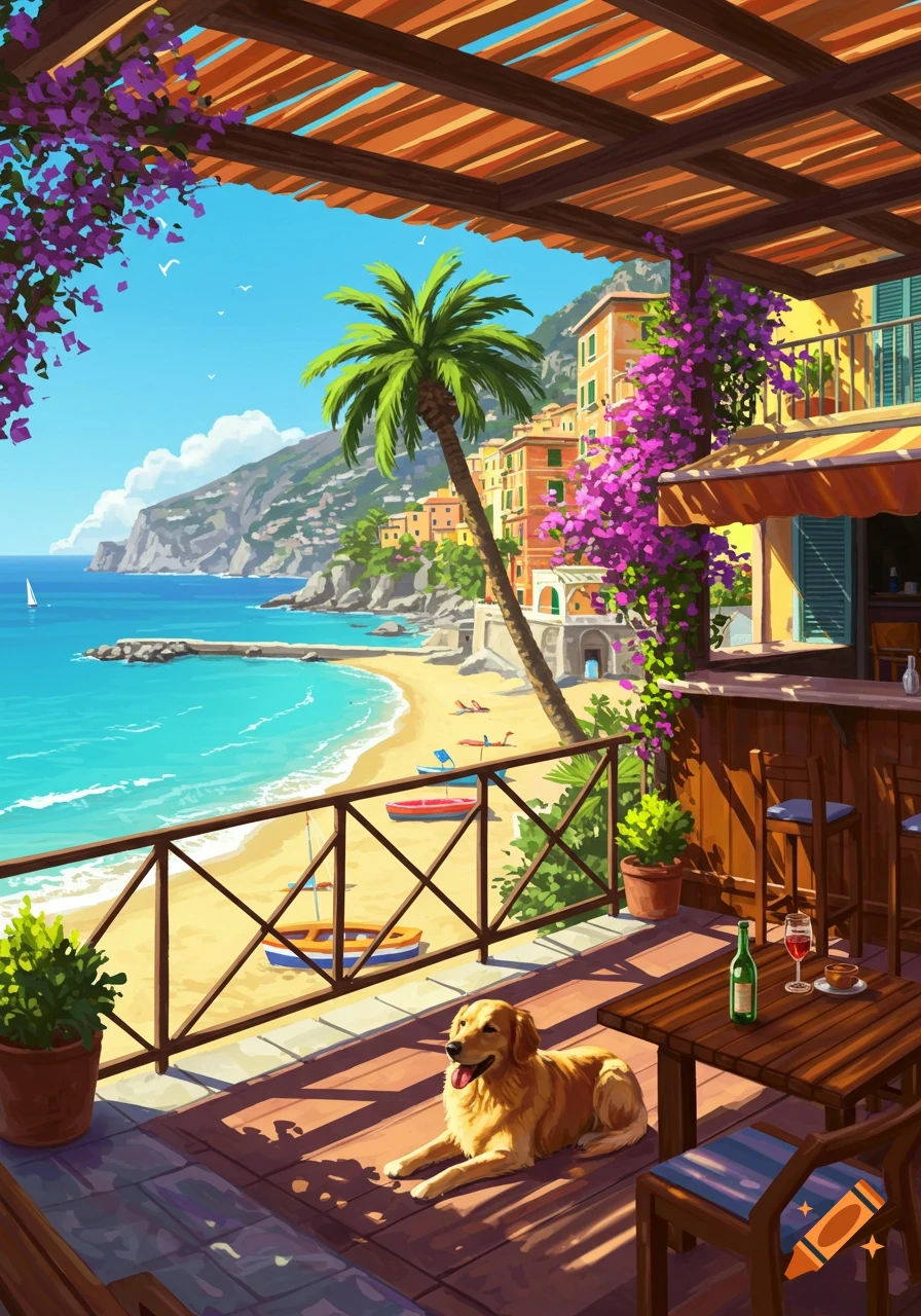 Vibrant illustration of a golden retriever on a balcony overlooking a sunny Italian coastal town with a beach, turquoise sea, and colorful buildings.